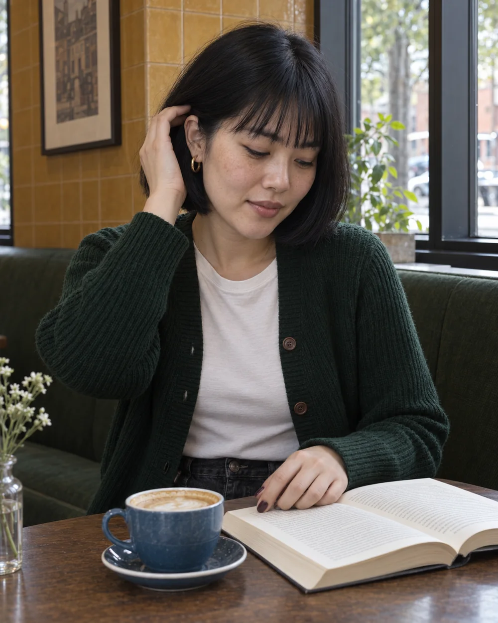 Reading the open book in a closer café portrait; consistent café creator example
