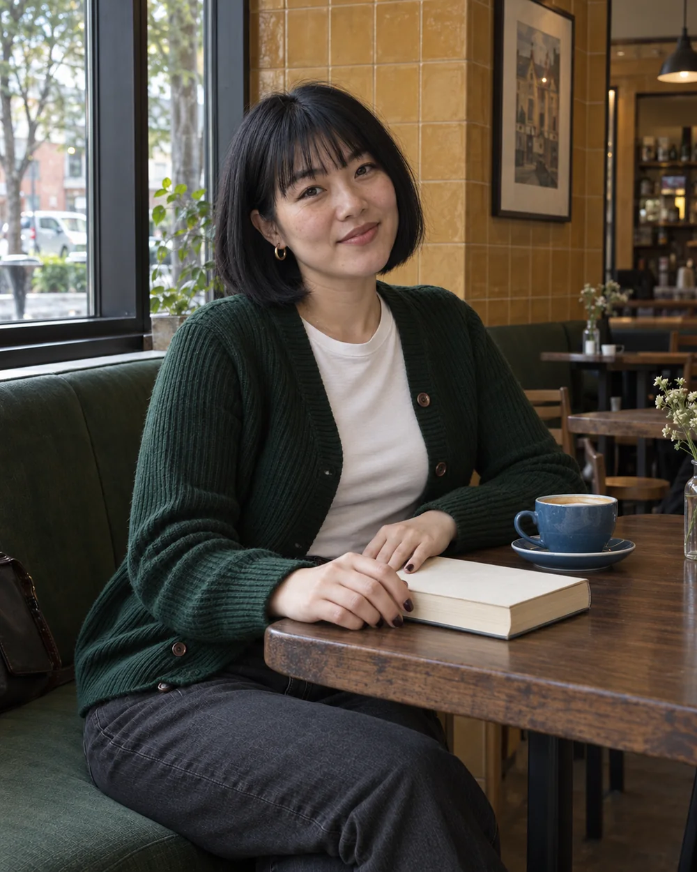 Smiling at the table in a forest-green cardigan; consistent café creator example