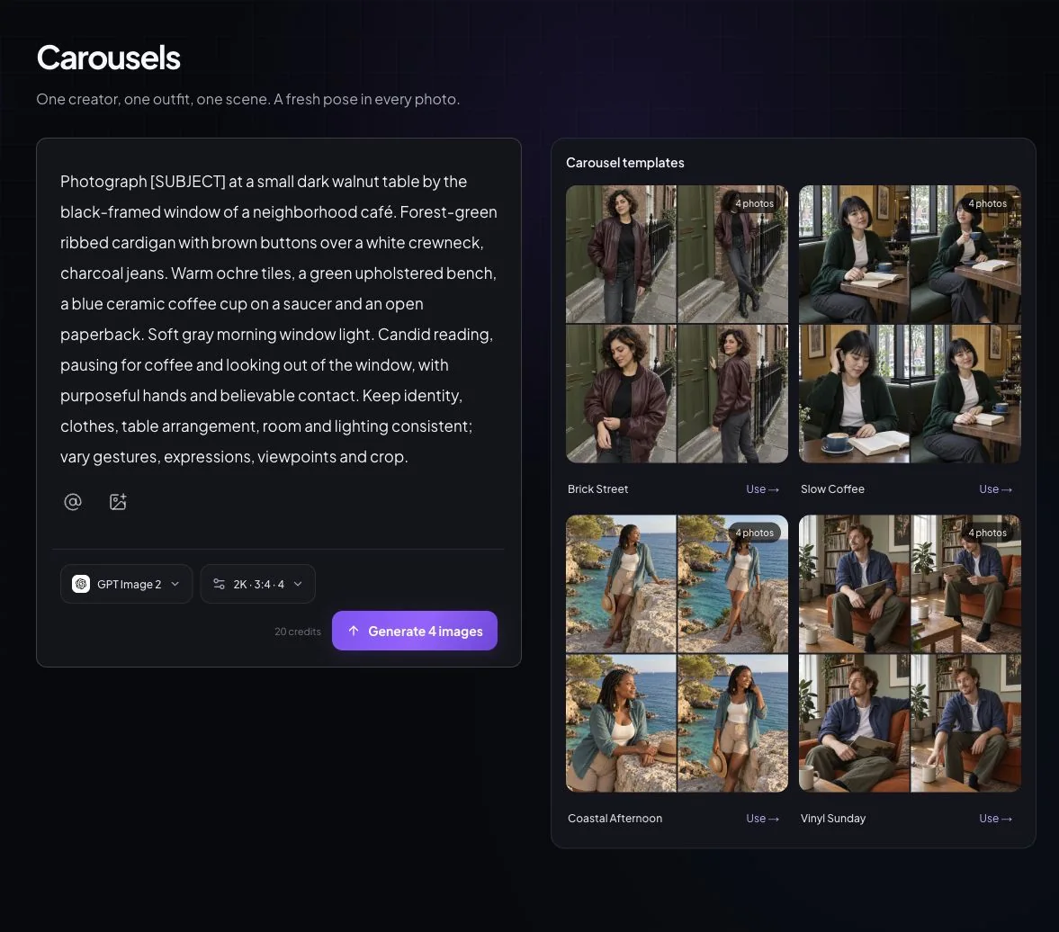 Actual Carousels Studio with the Slow Coffee prompt filled, @ creator and upload controls, four-photo settings, and the four template groups