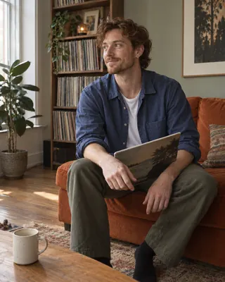Indoor Lifestyle: Seated beside the record shelves in a blue workshirt