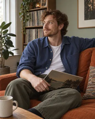 Indoor Lifestyle: Closer portrait near the orange sofa