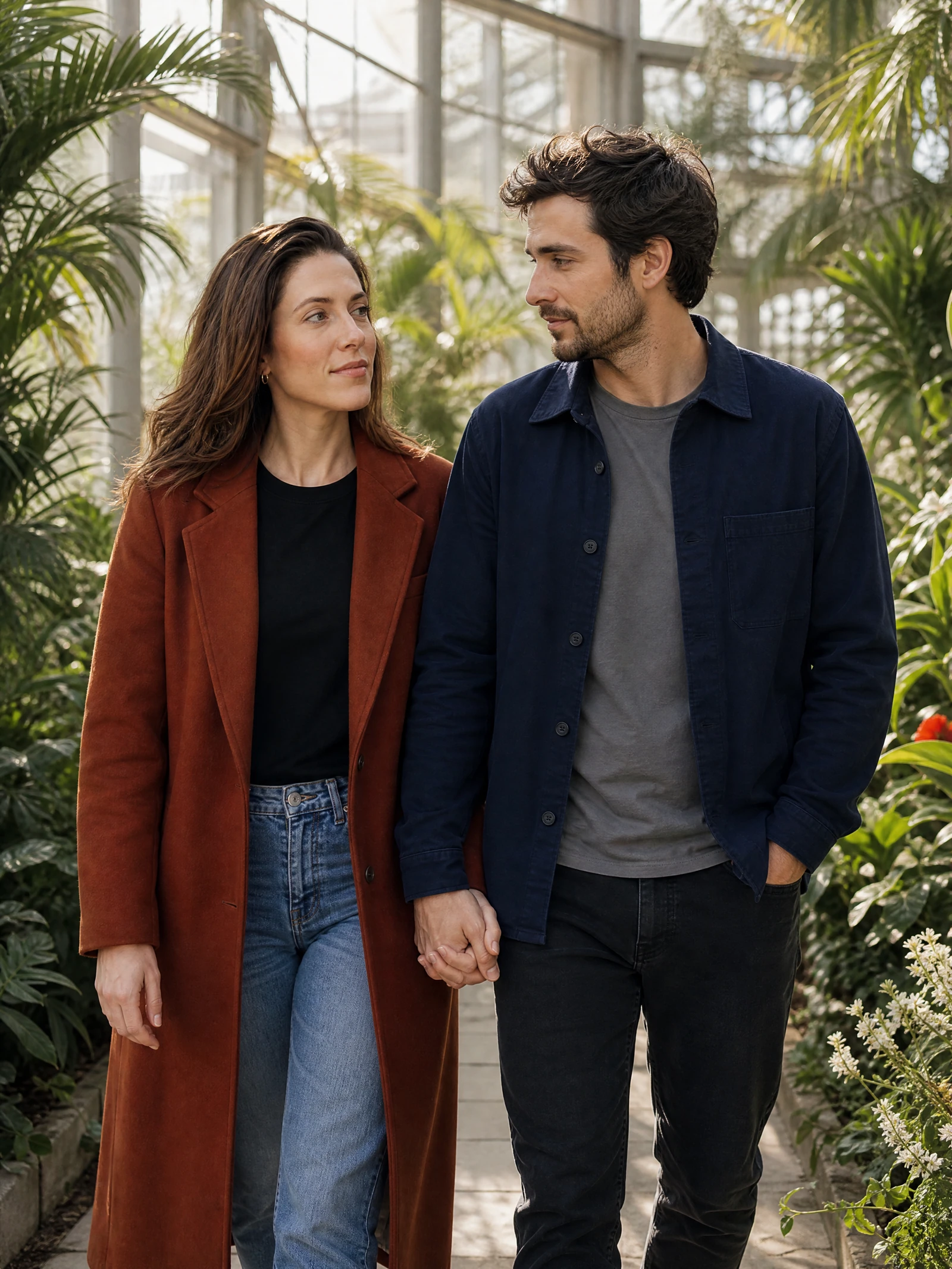 Original fictional adult couple result shown between two reference portraits.