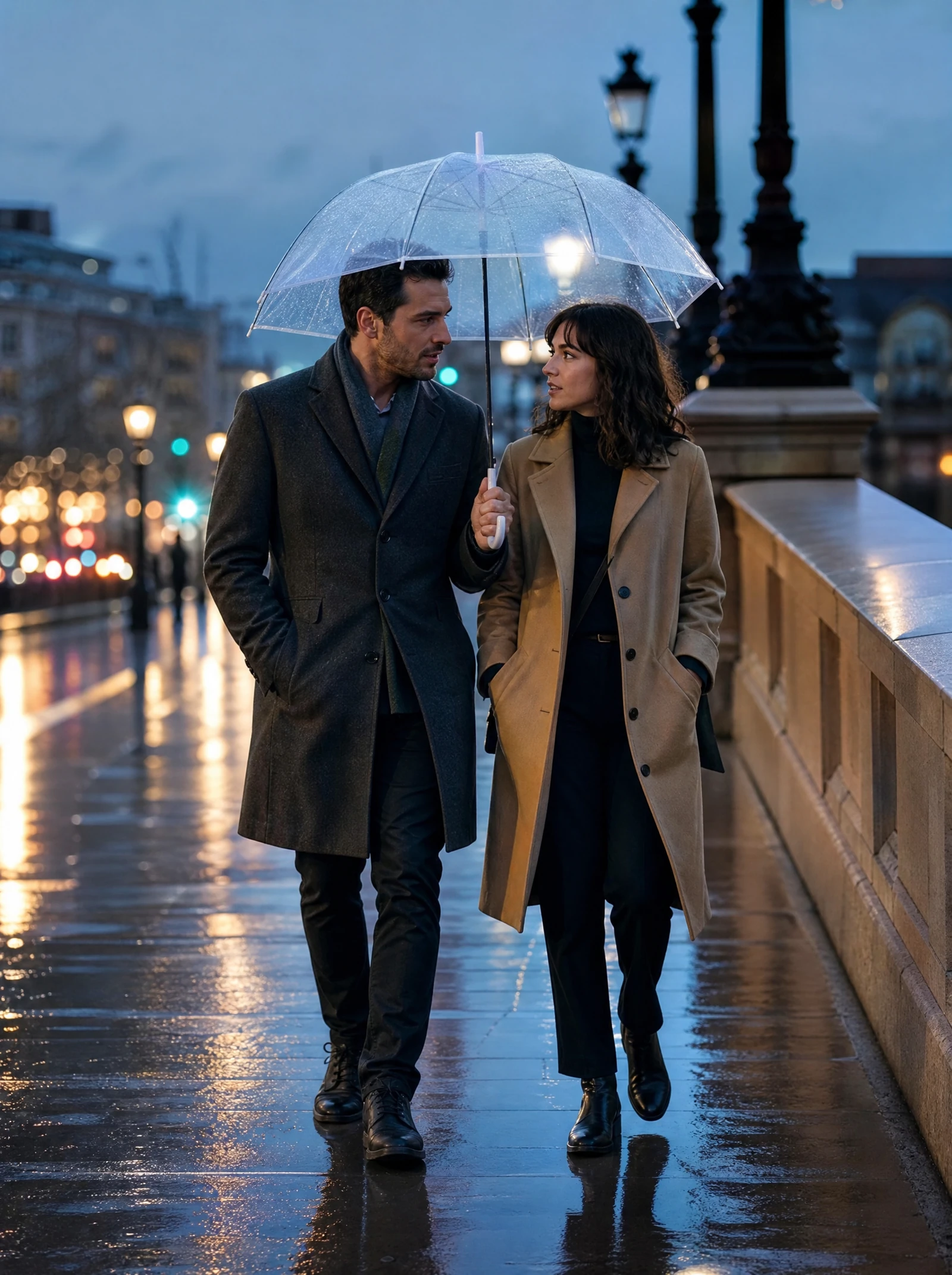 Two fictional adult partners walking under an umbrella on a rainy city street at blue hour.