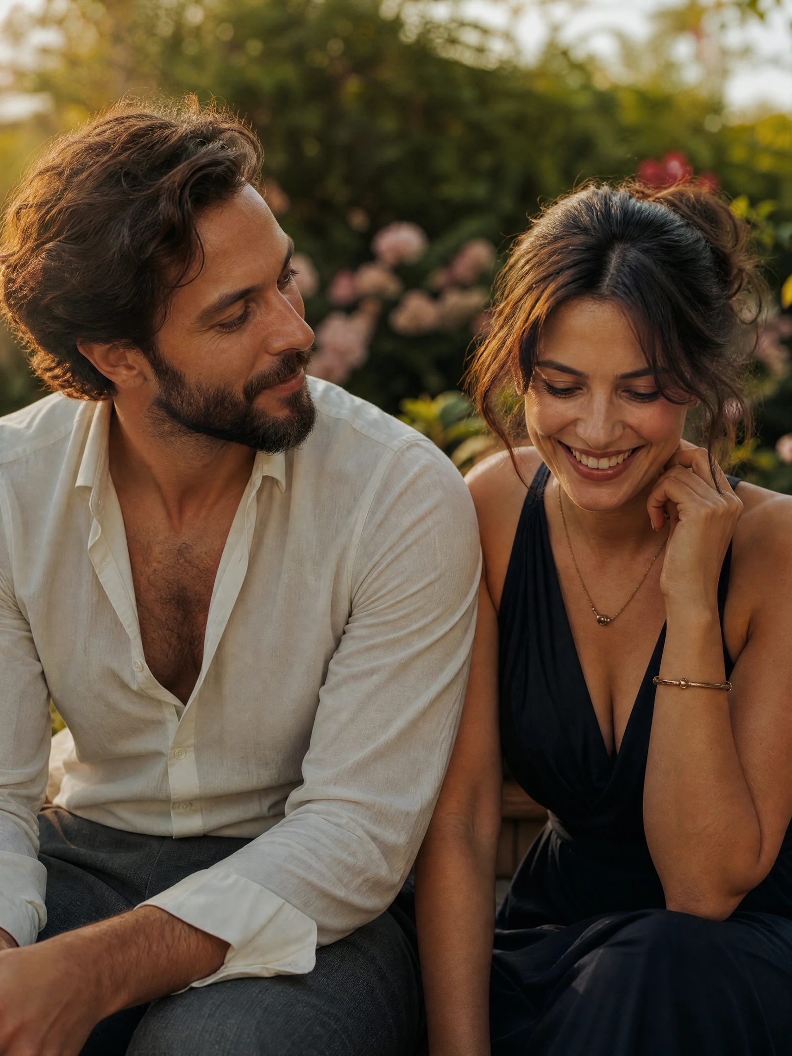 A warm garden direction for one fictional adult couple.