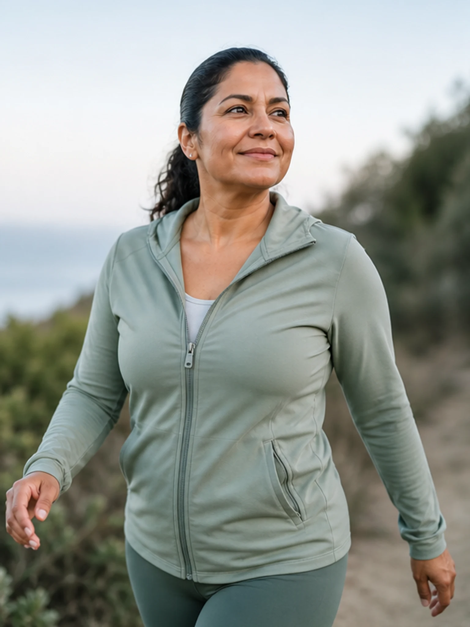 Fictional adult wellness character in an outdoor campaign scene