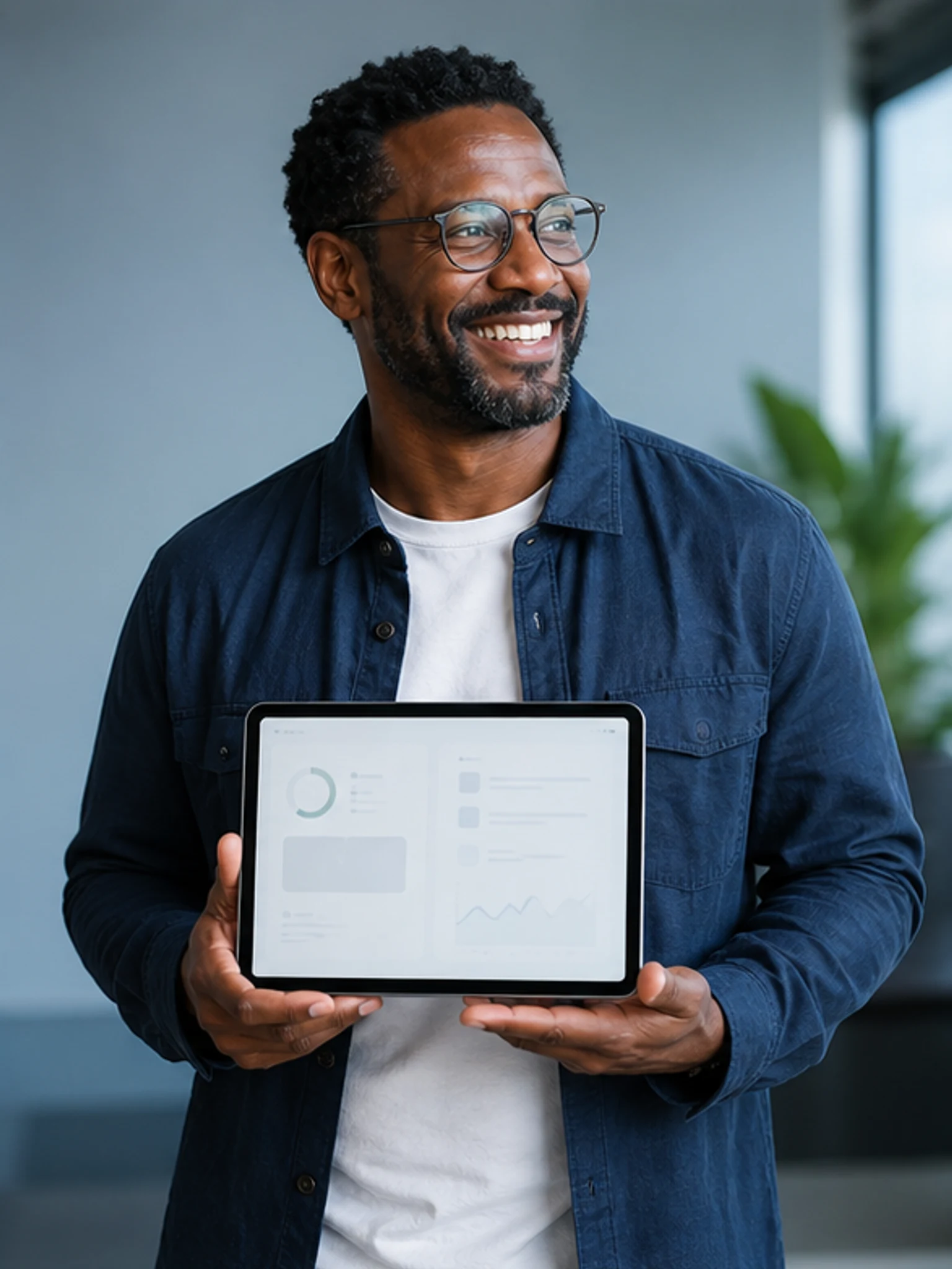 Fictional adult presenter holding an unbranded product interface