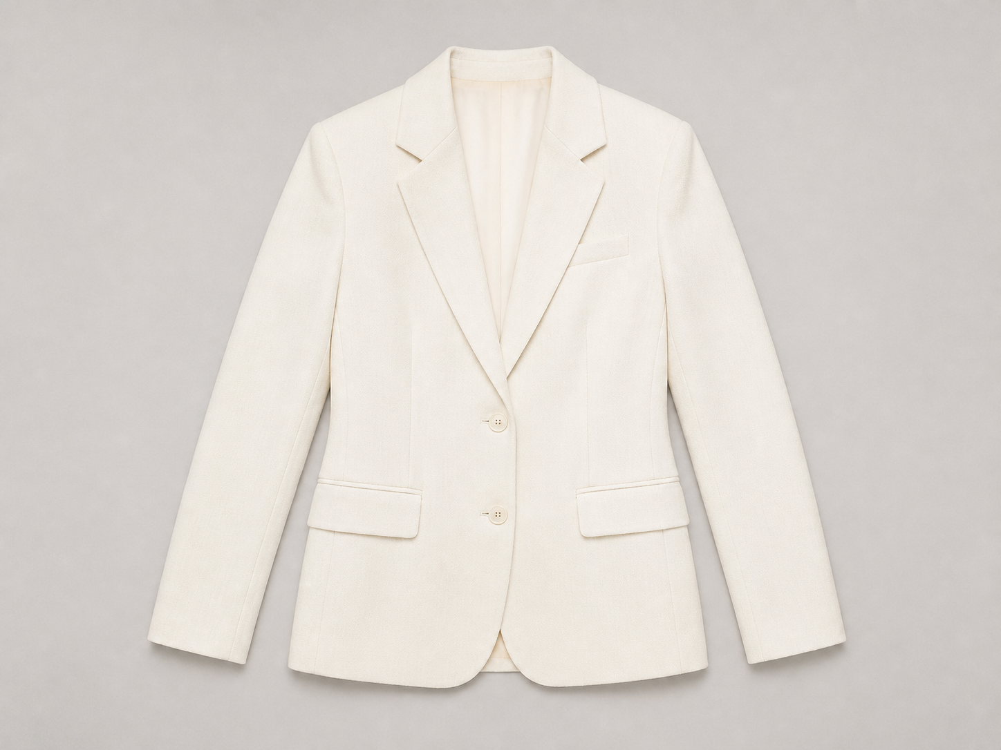 Illustrative unbranded ivory blazer flat lay used as a garment reference example