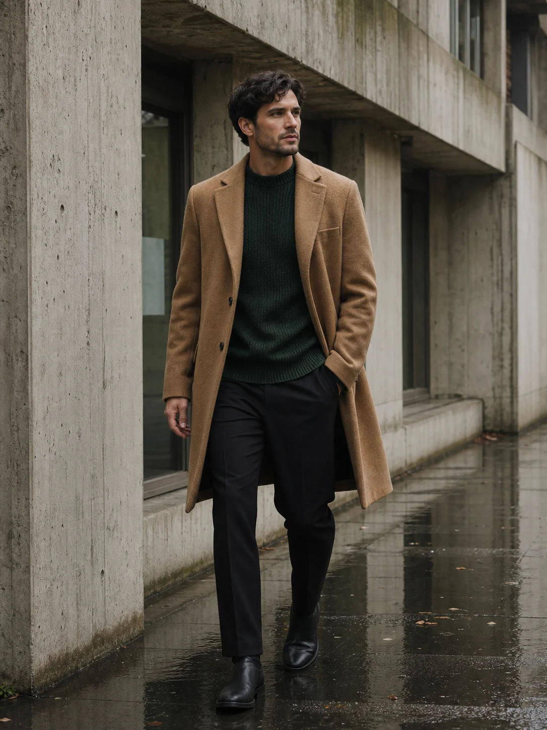 AI-generated illustrative fashion campaign of a fictional adult in a camel wool coat beside wet concrete architecture