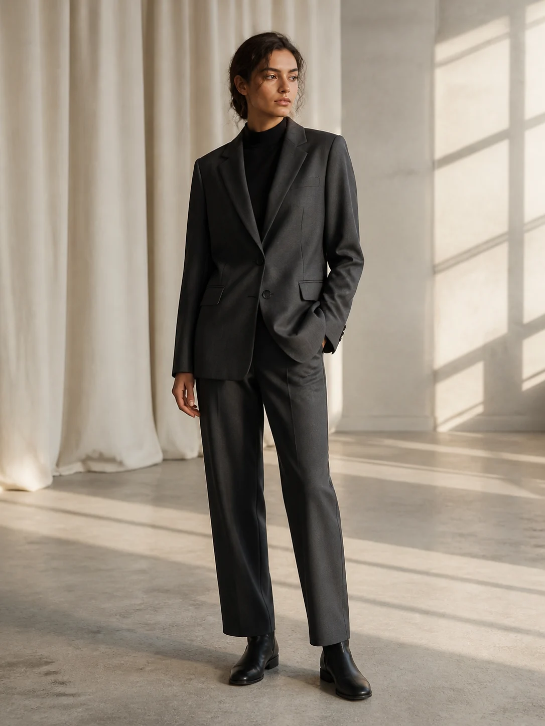 AI-generated illustrative fashion campaign of a fictional adult in a charcoal tailored suit in a daylight studio