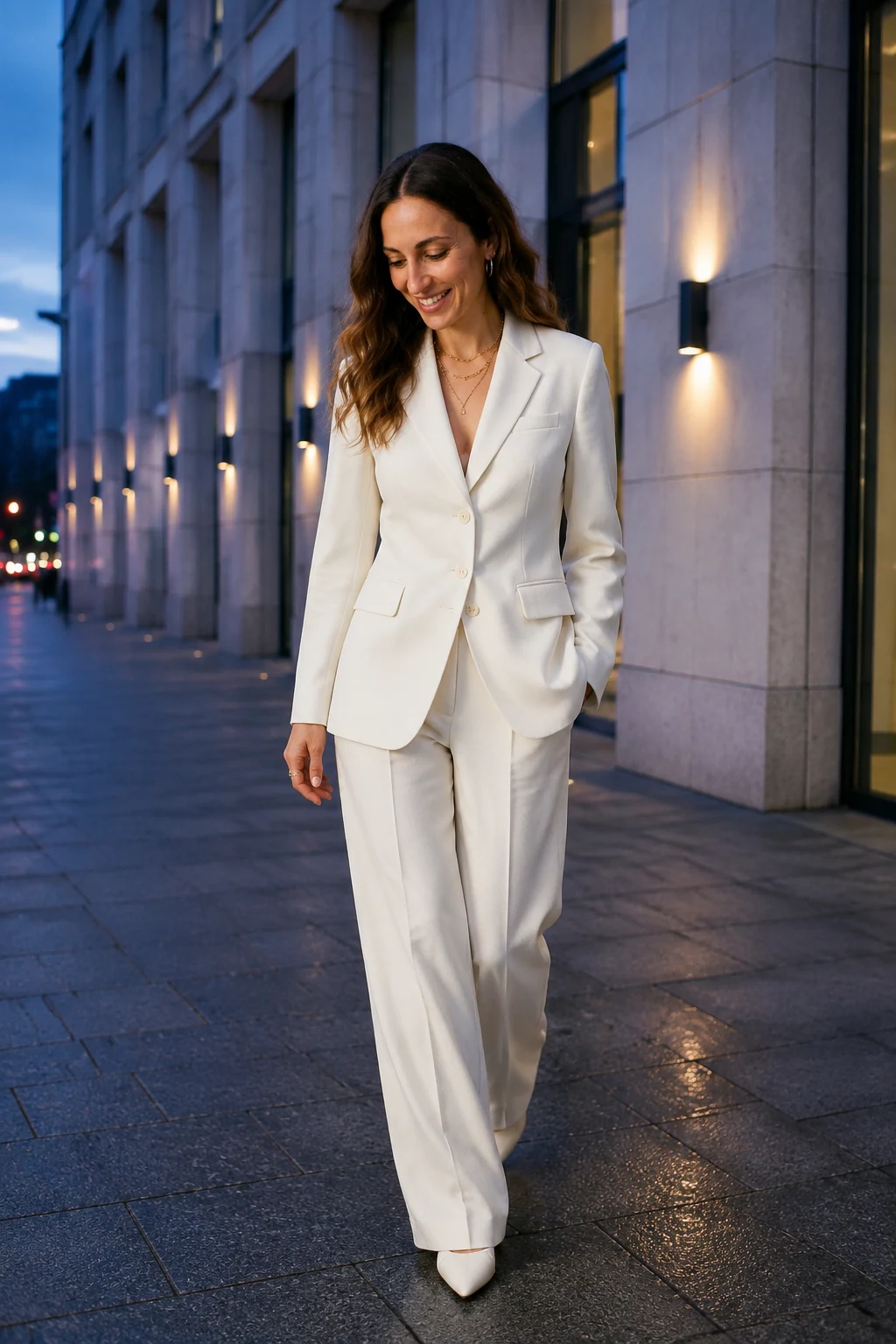 Real workflow output of the same fictional adult in ivory tailoring in a city street scene