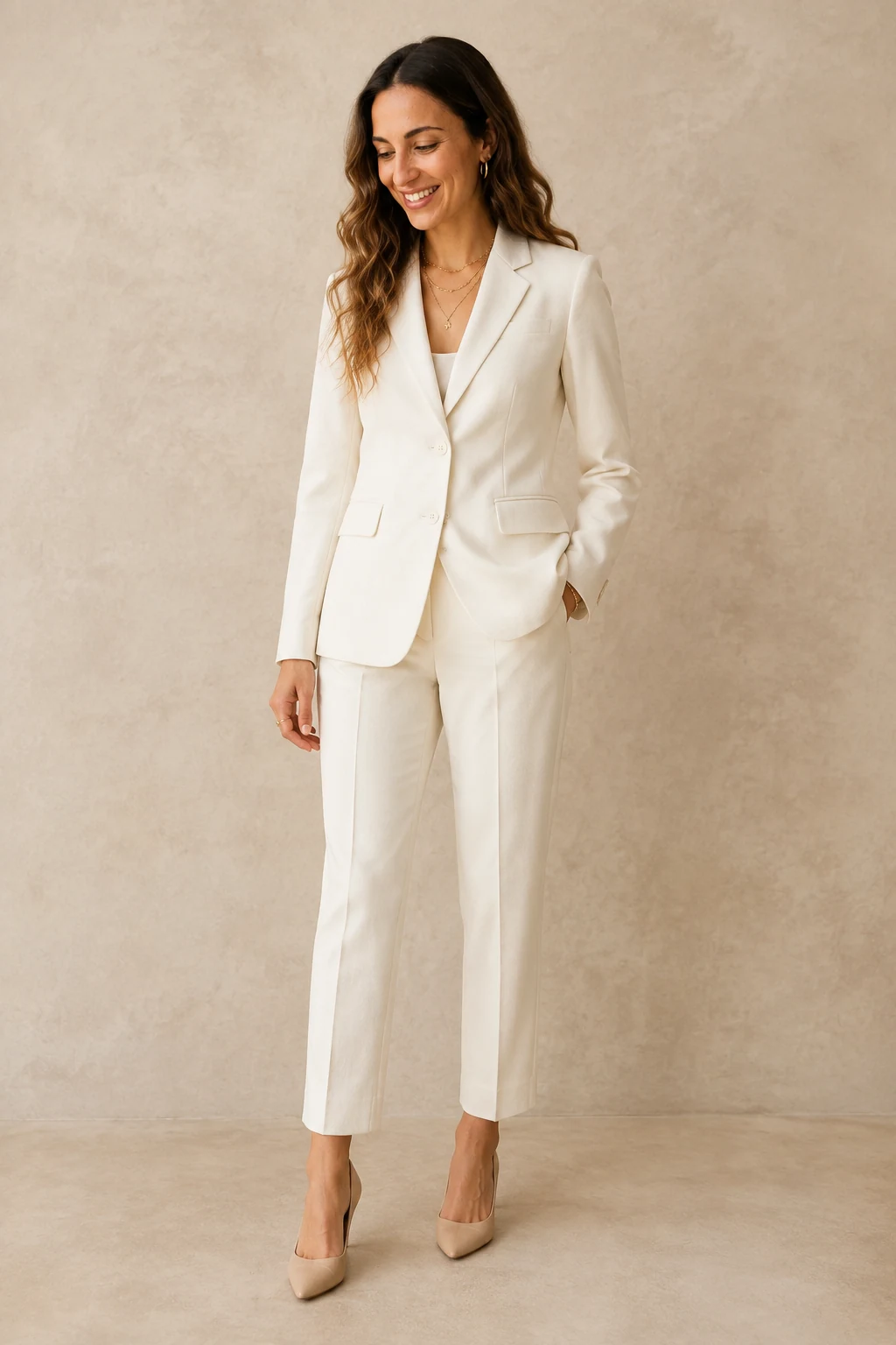 Real workflow output of a fictional adult wearing an ivory tailored look in a studio