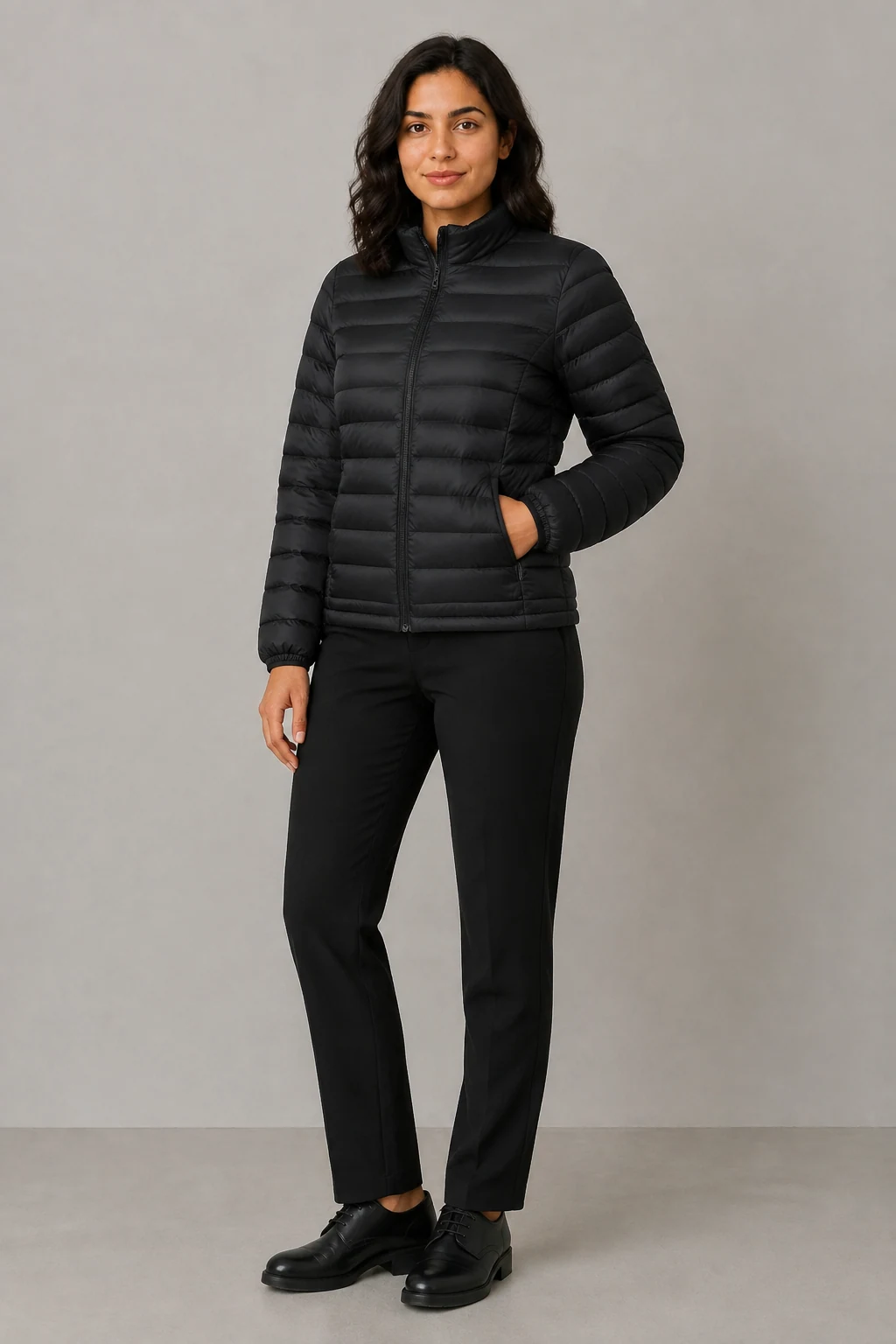 Neutral product direction created from a fictional adult character and an owned outerwear reference