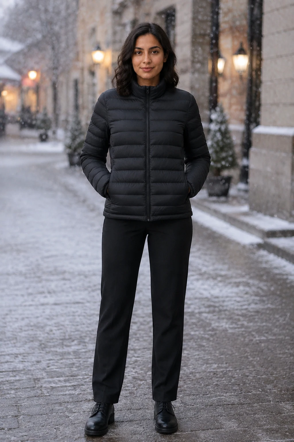 Seasonal campaign direction created from a fictional adult character and an owned outerwear reference