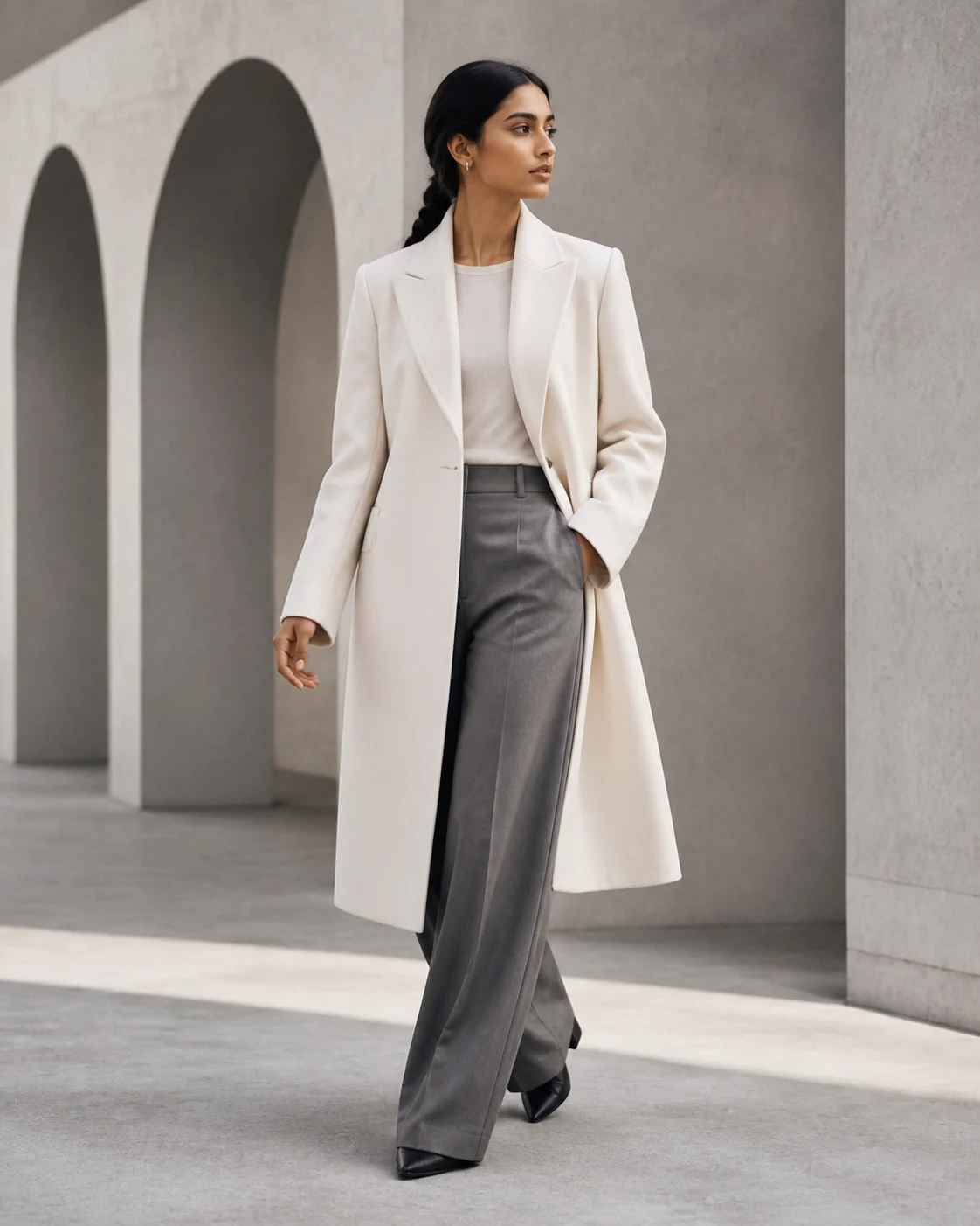 Fictional adult South Asian fashion model wearing an original ivory coat in a concrete editorial setting.