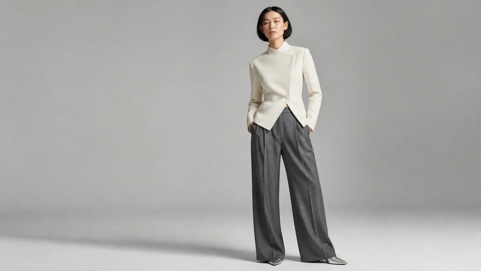 Fictional adult East Asian fashion model wearing an original ivory jacket and charcoal trousers in a clean studio campaign concept.