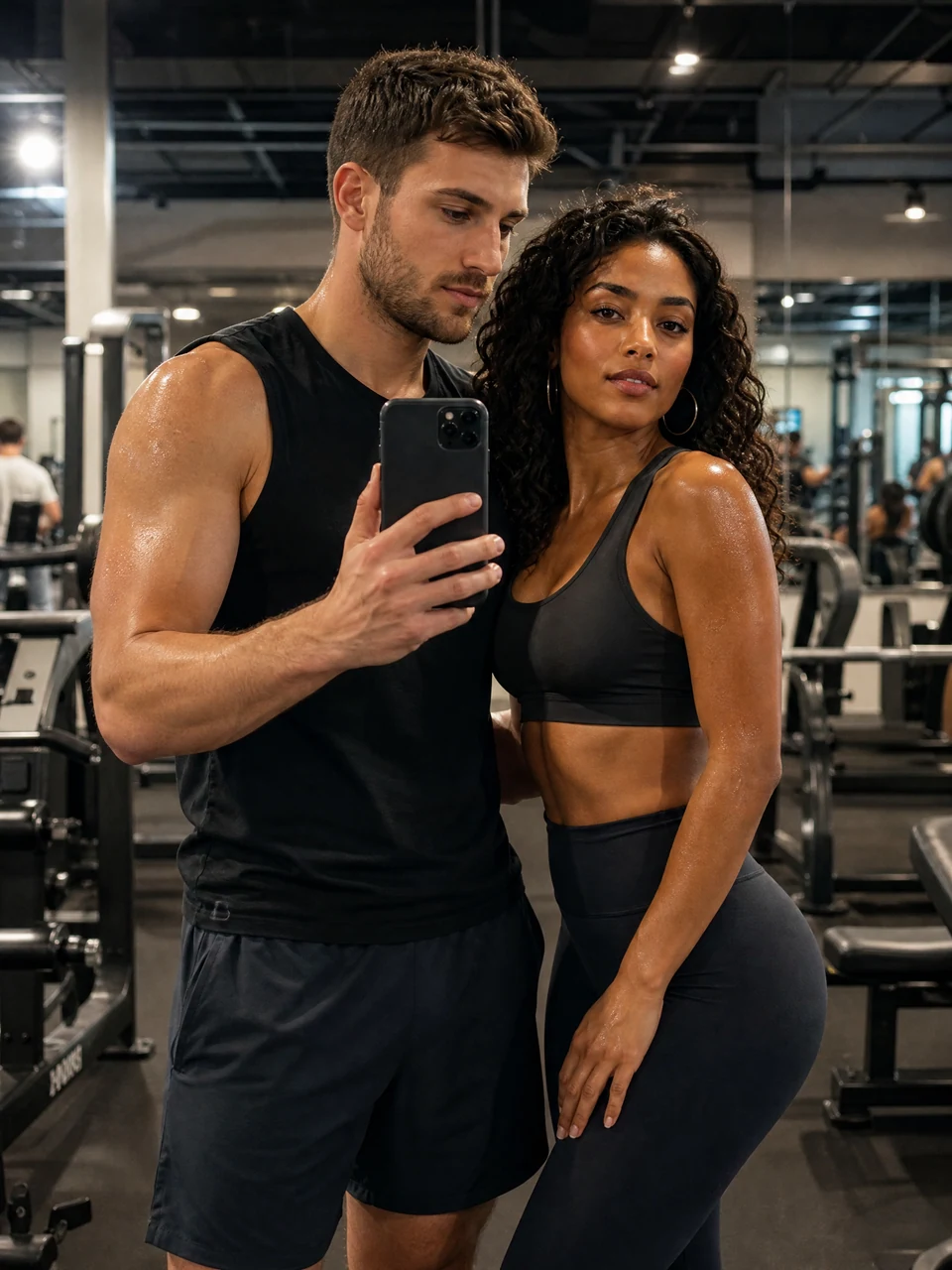 Couple in gym: two fictional adults together in an AI-generated fitness photo