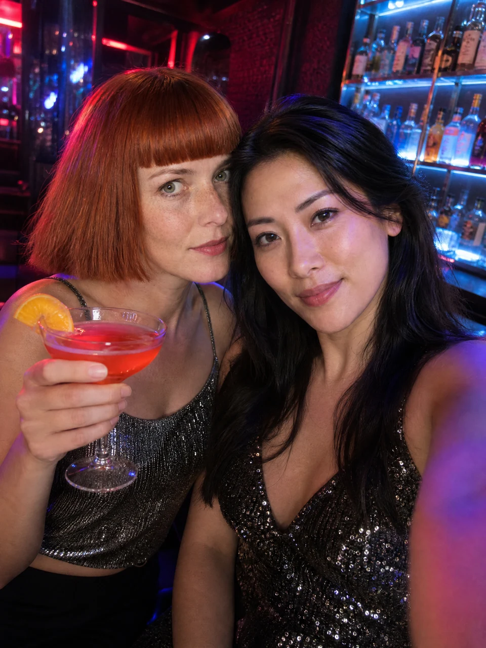 Drinks & neon bliss: two fictional adults together in an AI-generated friends photo