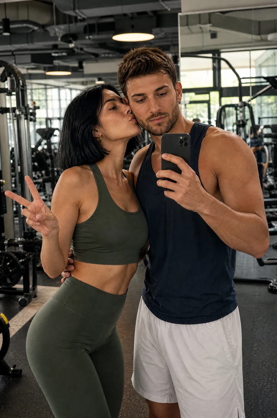 Gym kiss selfie: two fictional adults together in an AI-generated fitness photo