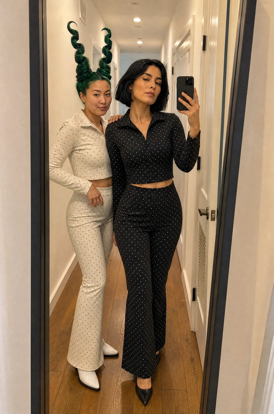 Hallway Mirror: two fictional adults together in an AI-generated friends photo