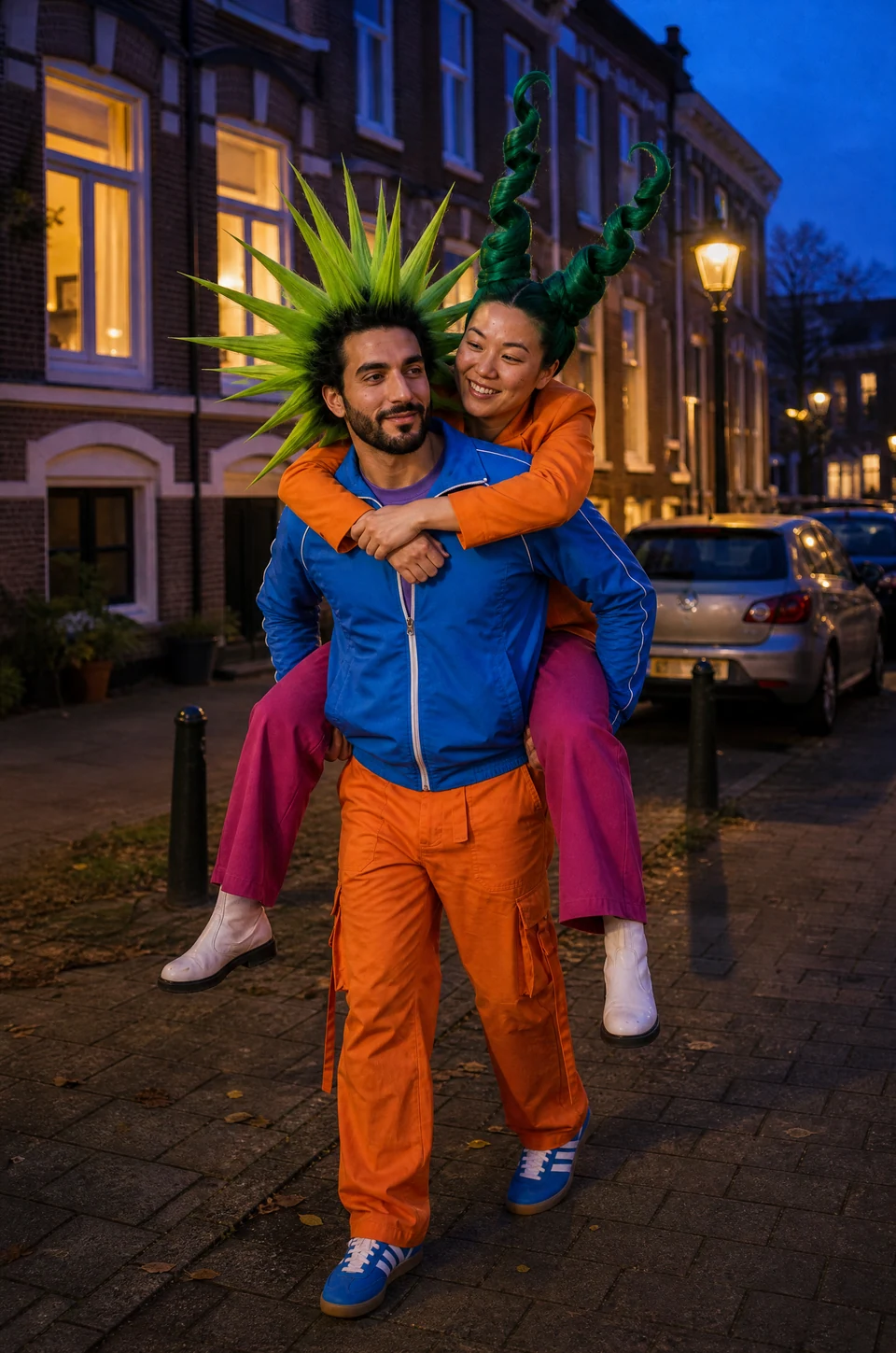 Joyful lift at twilight: two fictional adults together in an AI-generated couples photo