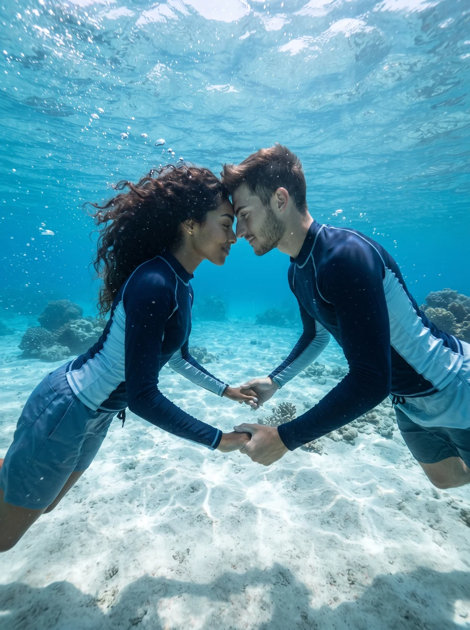 Kissing underwater: two fictional adults together in an AI-generated travel photo