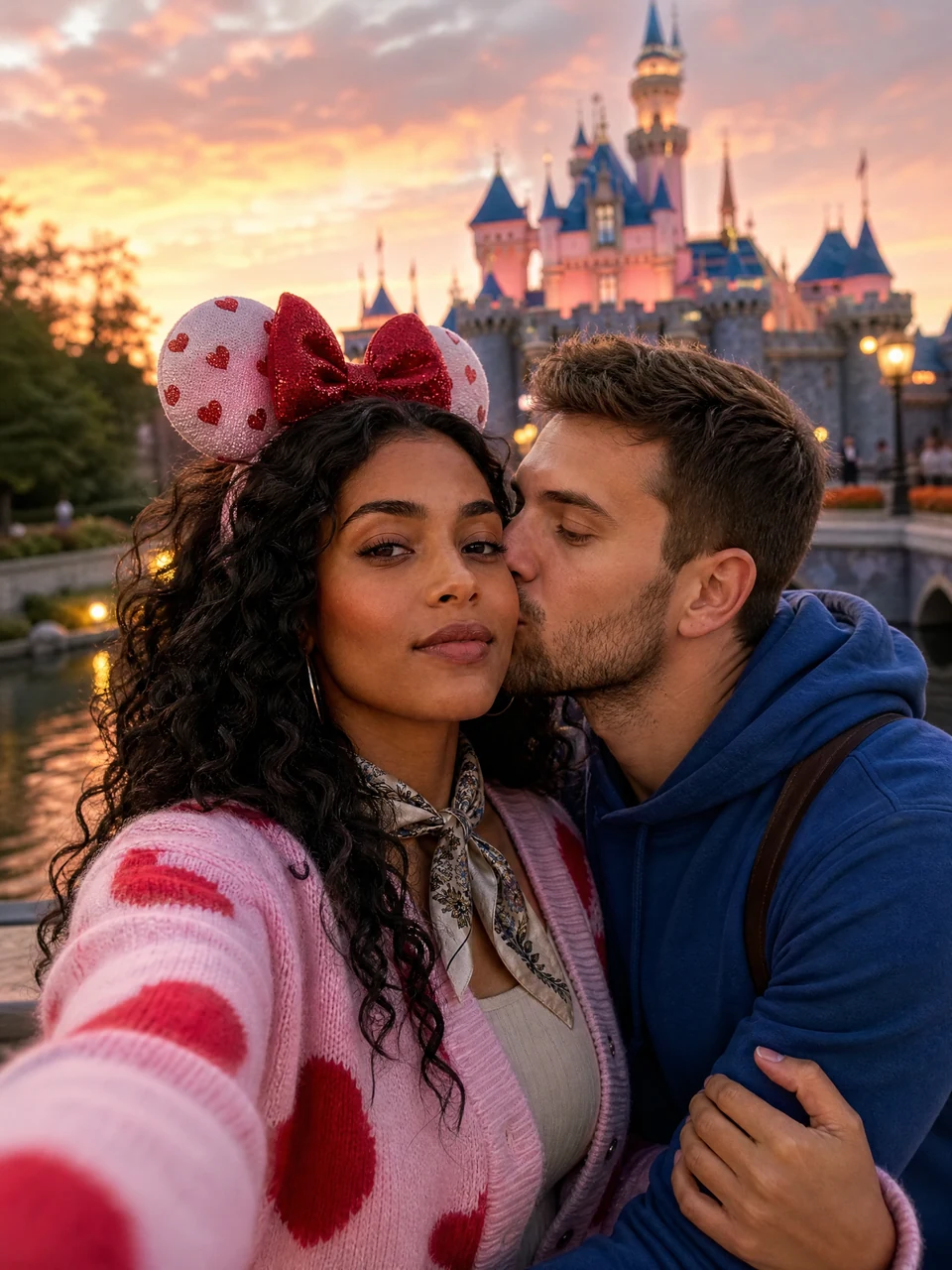 Magical kiss at sunset: two fictional adults together in an AI-generated travel photo
