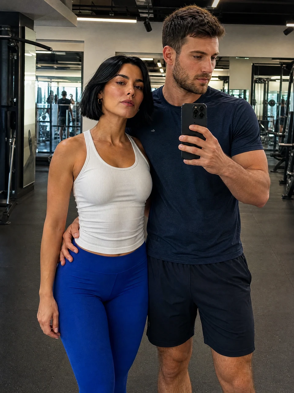 Mirror selfie in gym: two fictional adults together in an AI-generated fitness photo