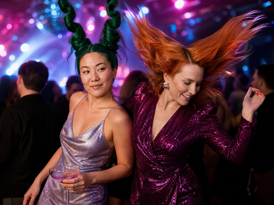 Night out sisters: two fictional adults together in an AI-generated friends photo