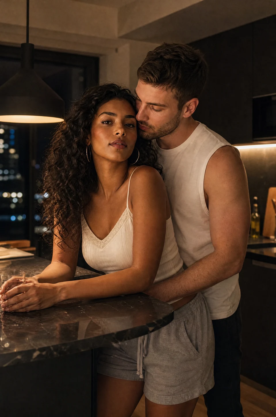 Night time embrace: two fictional adults together in an AI-generated couples photo