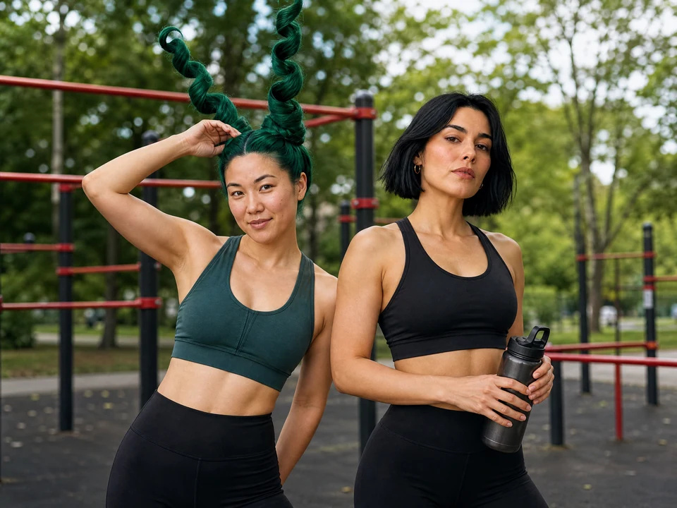 Outdoor workout queens: two fictional adults together in an AI-generated fitness photo