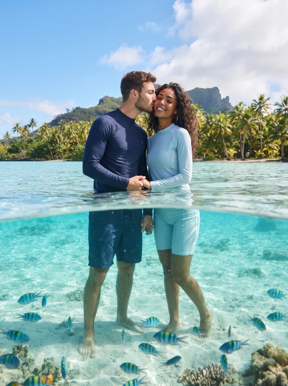 Resort kissing: two fictional adults together in an AI-generated travel photo
