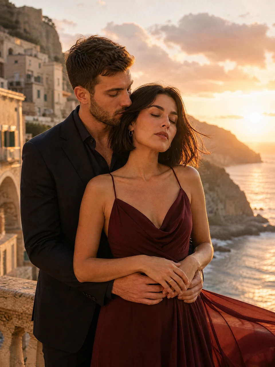Sea sunset embrace: two fictional adults together in an AI-generated travel photo