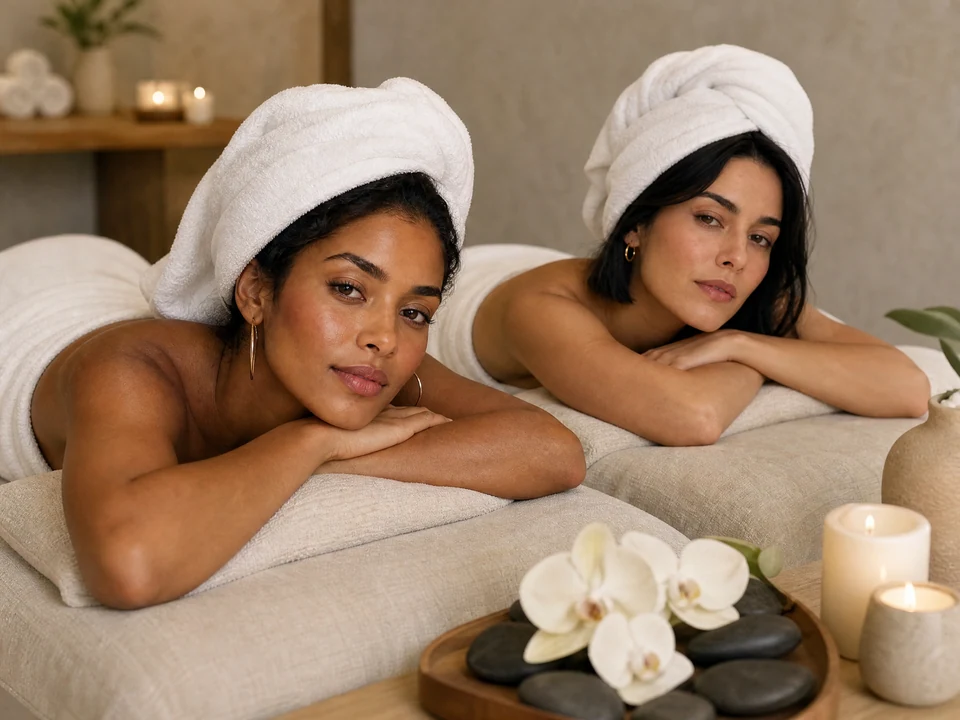 Spa serenity sisters: two fictional adults together in an AI-generated friends photo