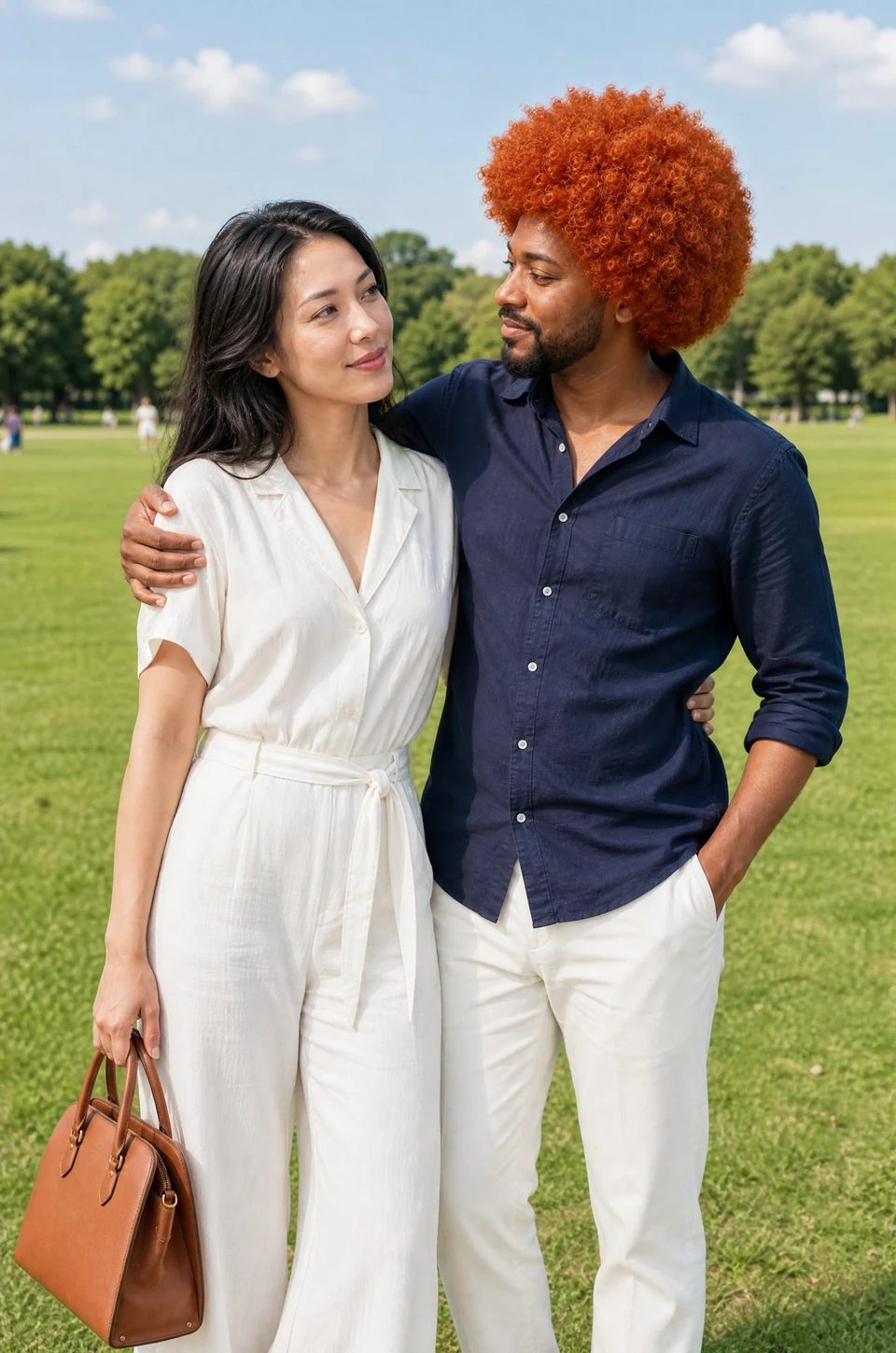 Summer Field Couple: two fictional adults together in an AI-generated travel photo