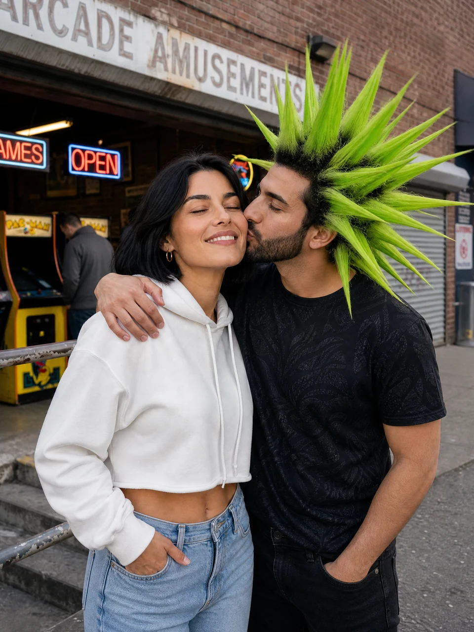 Super Bowl kiss: two fictional adults together in an AI-generated couples photo