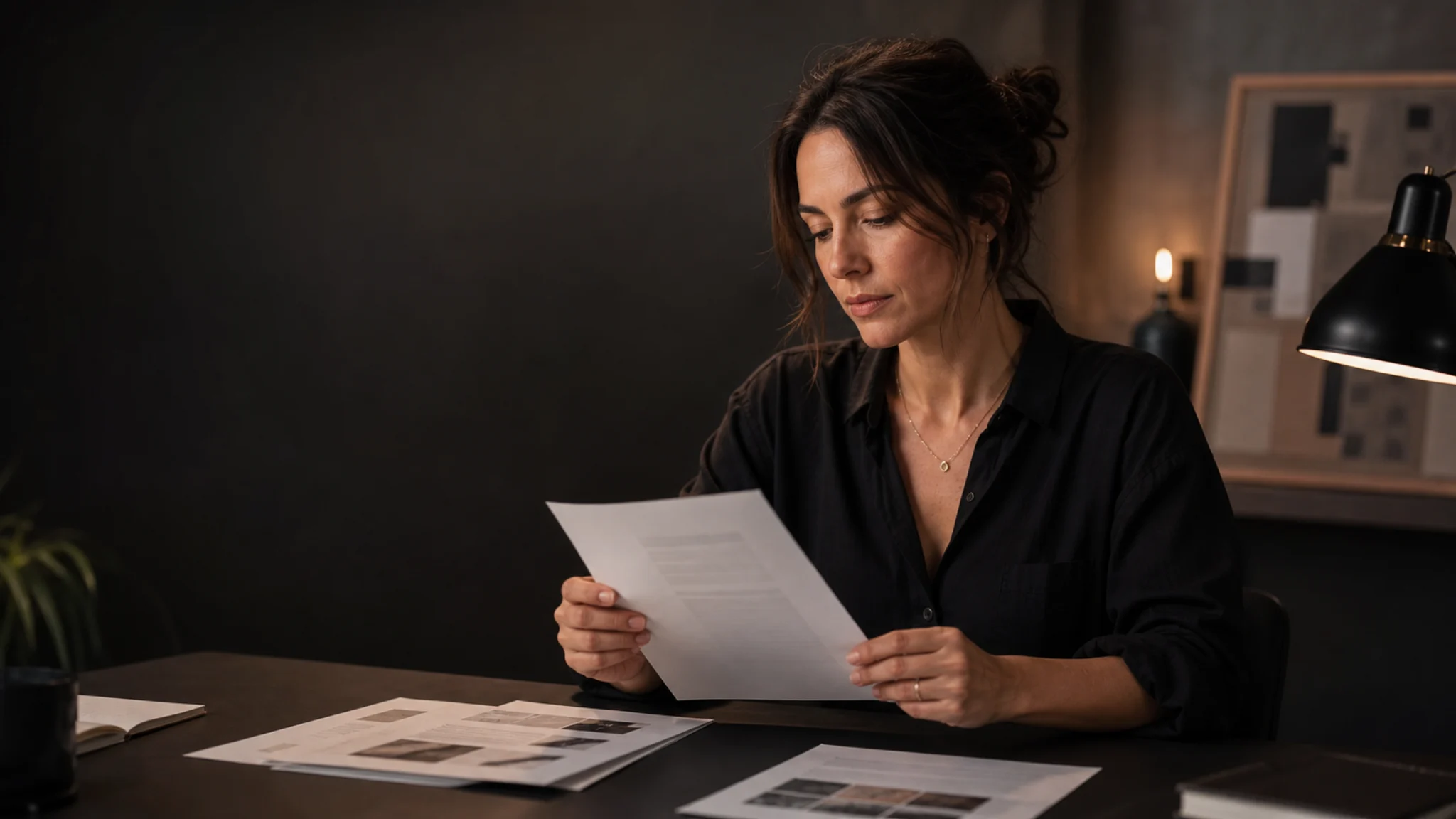 Fictional adult creator reviewing a content plan in a dark editorial workspace.