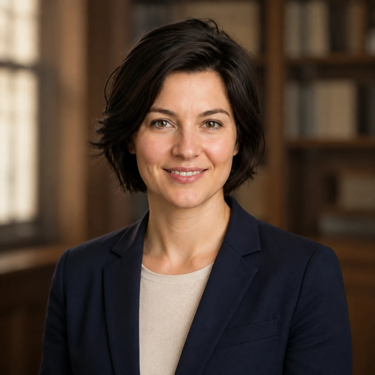 AI-generated academic speaker headshot of the same fictional adult in a navy blazer.