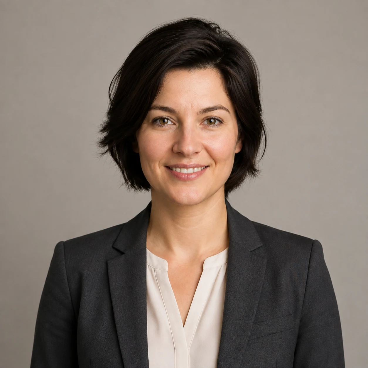 AI-generated business headshot of a fictional adult in a charcoal blazer.