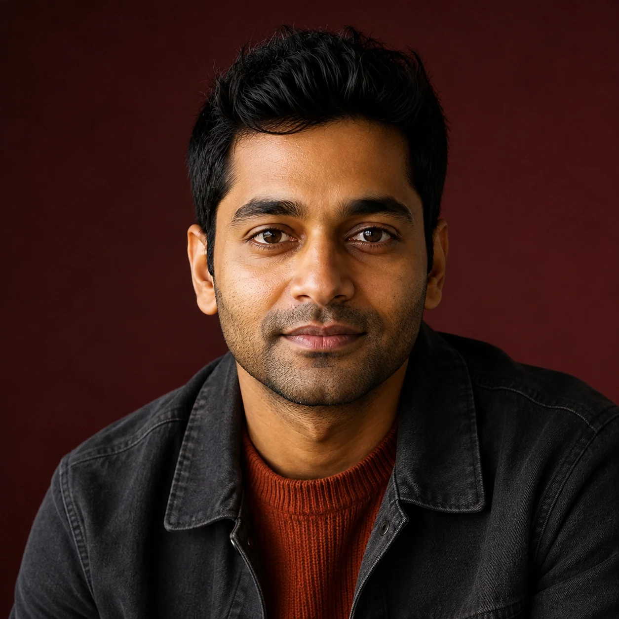 AI-generated creative director portfolio headshot of a fictional adult against a burgundy backdrop.