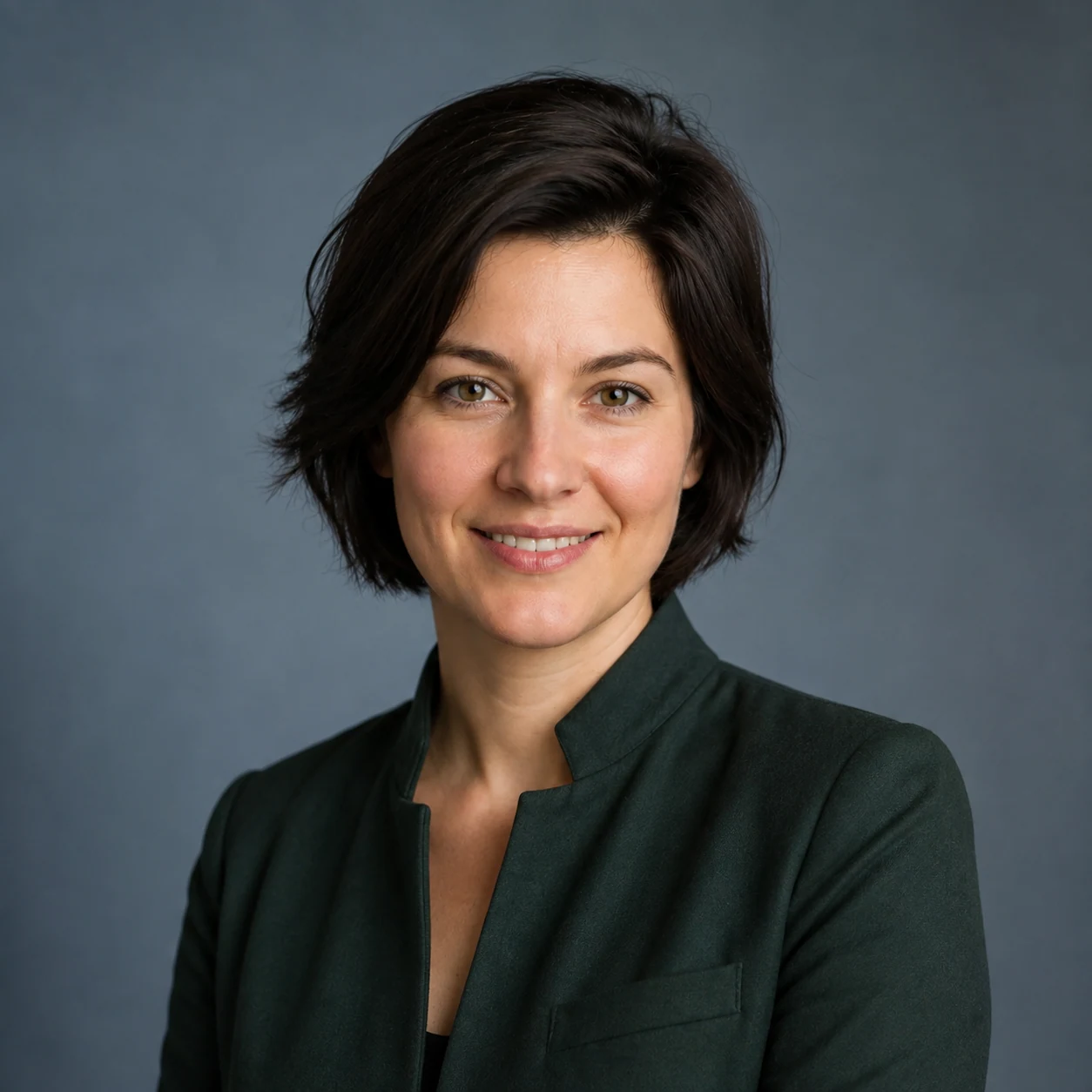 AI-generated creative portfolio headshot of the same fictional adult in a green jacket.