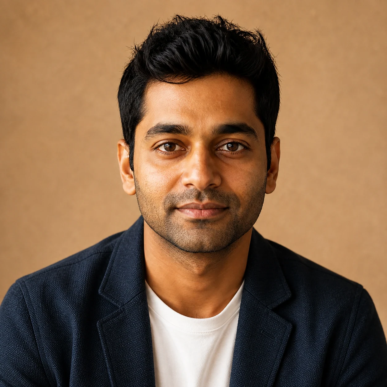 AI-generated founder website bio headshot of a fictional adult in a midnight-blue jacket.