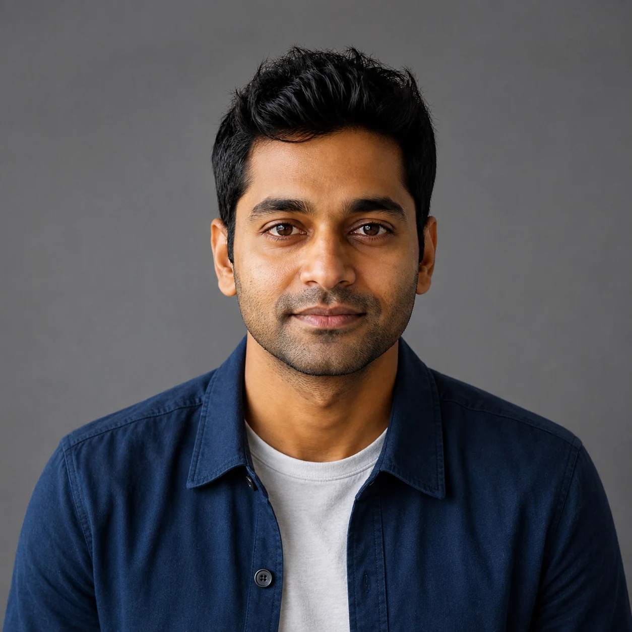 AI-generated technology company directory headshot of a fictional adult in a deep-blue overshirt.