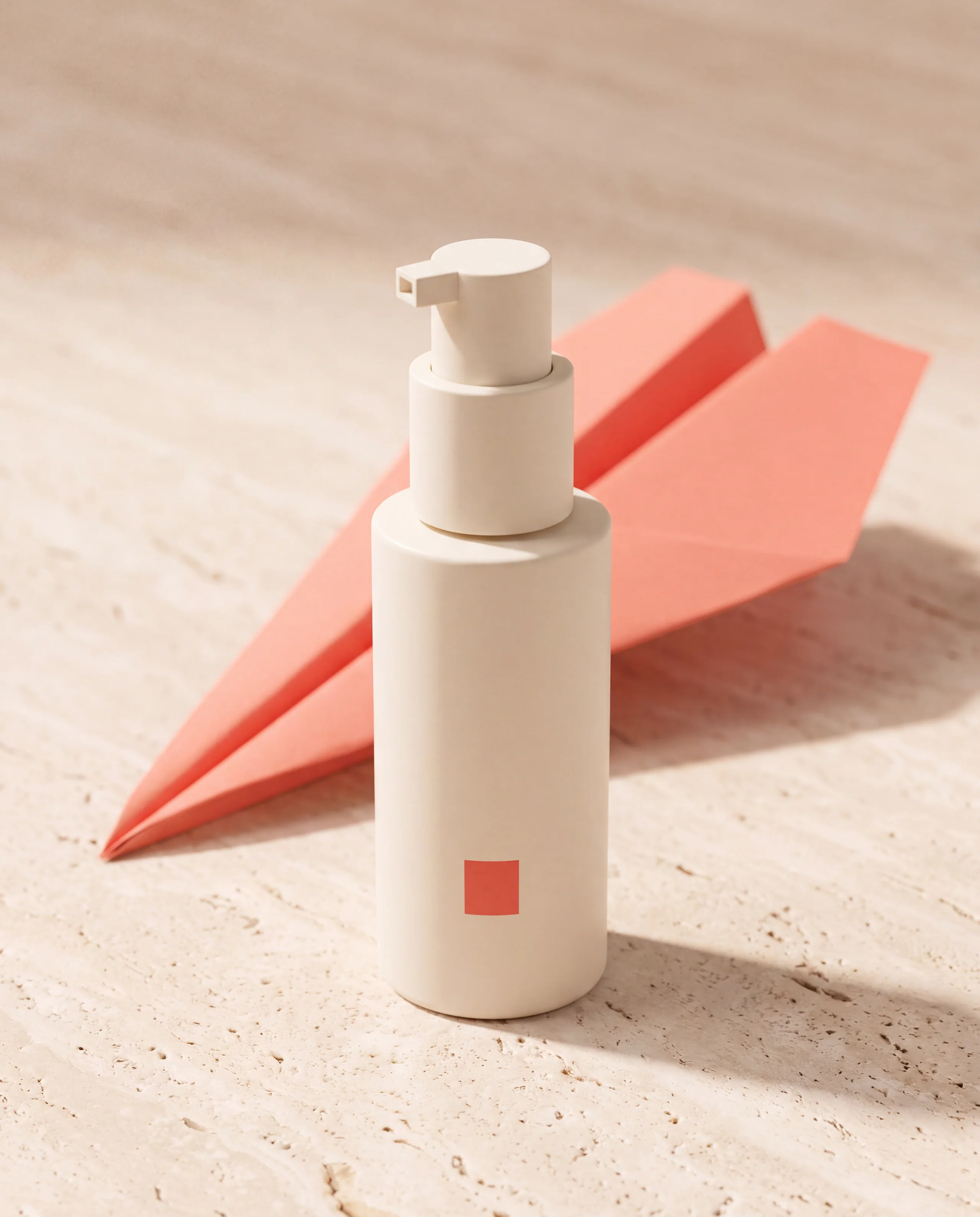Unbranded skincare pump bottle used across a fictional campaign.