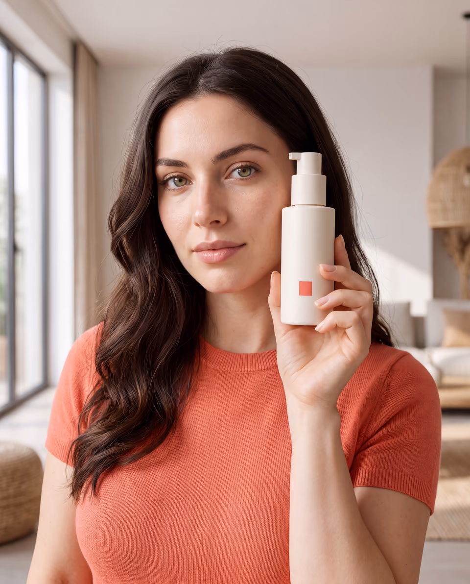 A fictional adult creator holding a product in a campaign image.