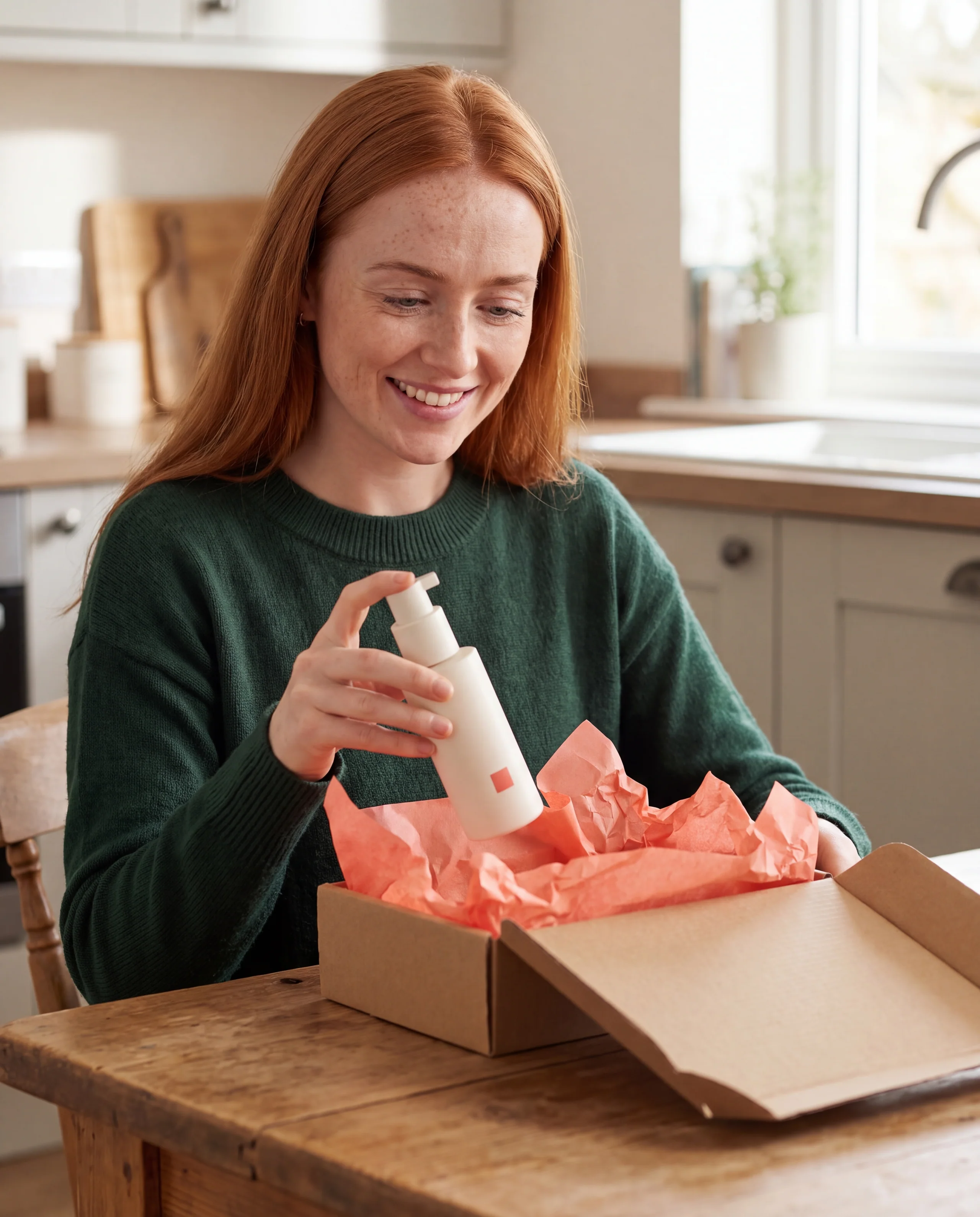 Fictional creator unboxing an unbranded skincare product.