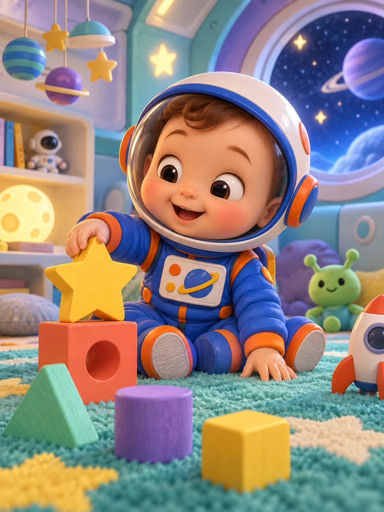 Concept artwork: an entirely fictional stylized baby astronaut playing with a large star toy