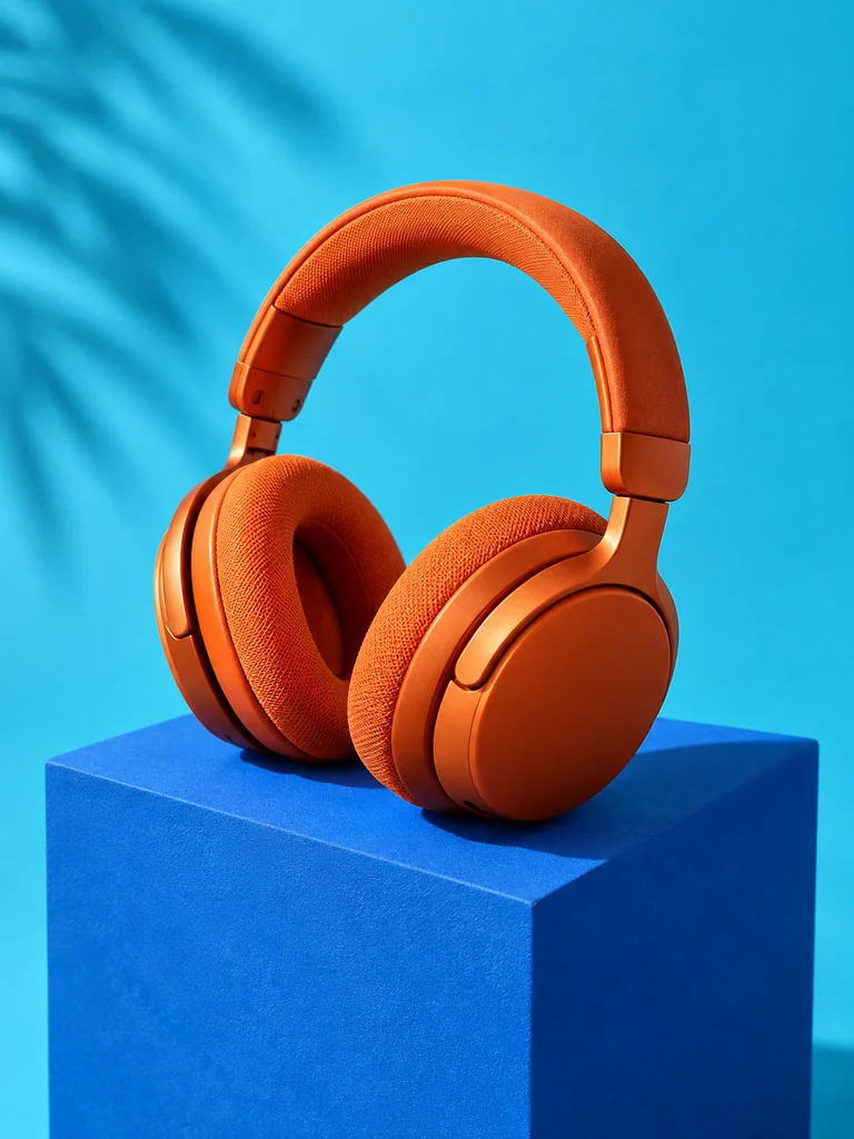 Editorial concept: orange headphones on a blue block, a subject for background removal