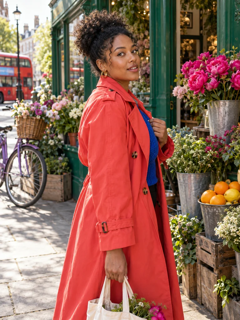 Editorial identity concept: a fictional adult lifestyle creator in a coral coat at a flower market