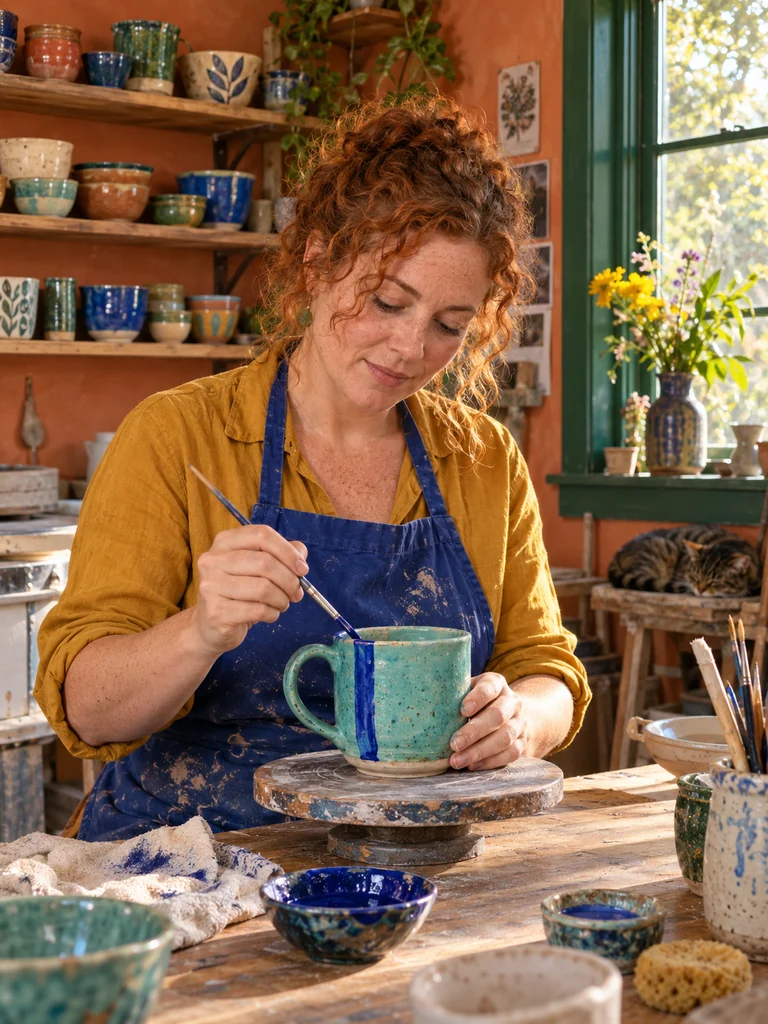 Editorial concept: a fictional adult ceramics creator painting a mug for a behind-the-scenes post