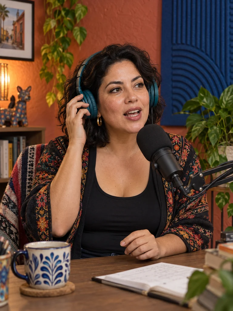 Editorial concept: a fictional adult bilingual podcaster speaking into a microphone